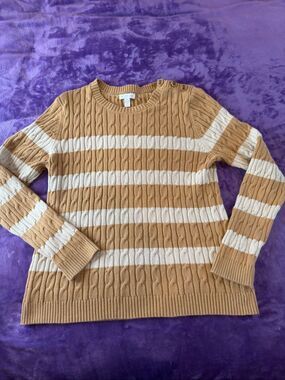 CHARTER CLUB XL Camel Cream Cable Knit Striped Sweater